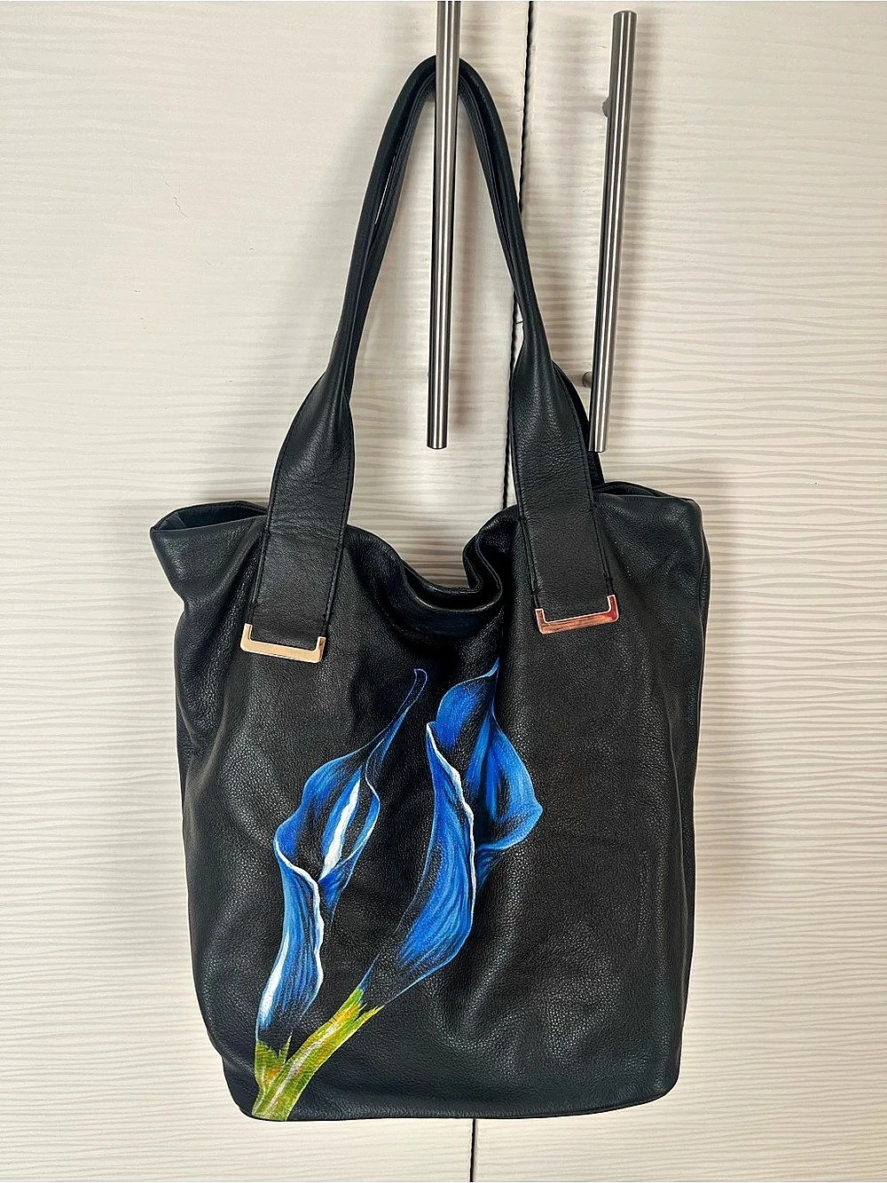 Elliott Lucca Floral Leather Shoulder Bag in Black & Blue